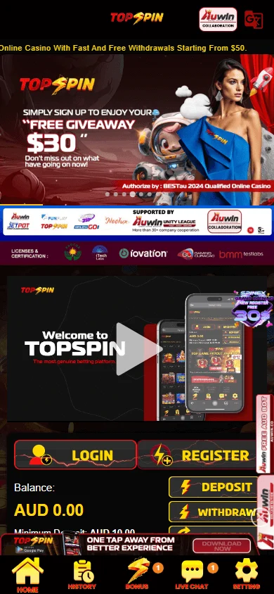 Topspin Casino mobile-compatible home interface